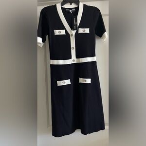 Karl Lagerfeld Black and White Short Sleeve Midi Knit Dress